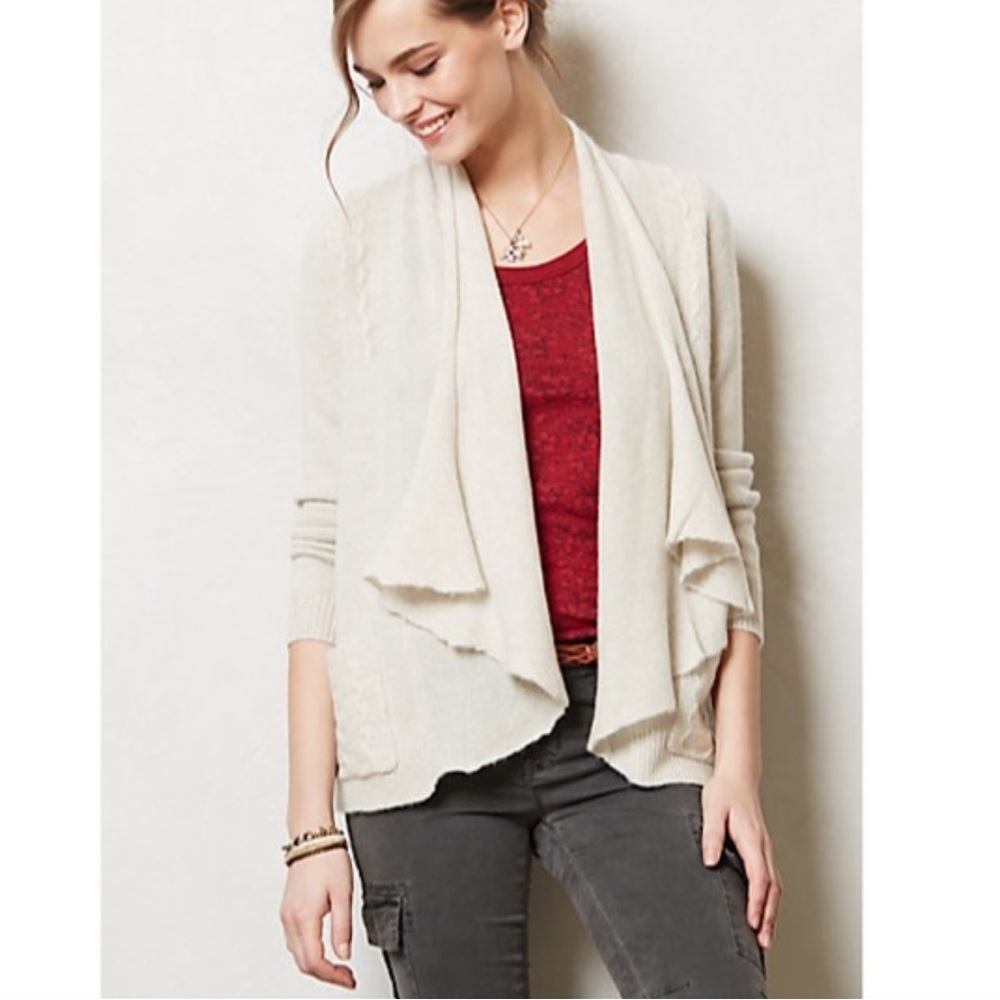 Anthropologie Monogram cashmere women's ivory waterfall open-front cardigan sz S